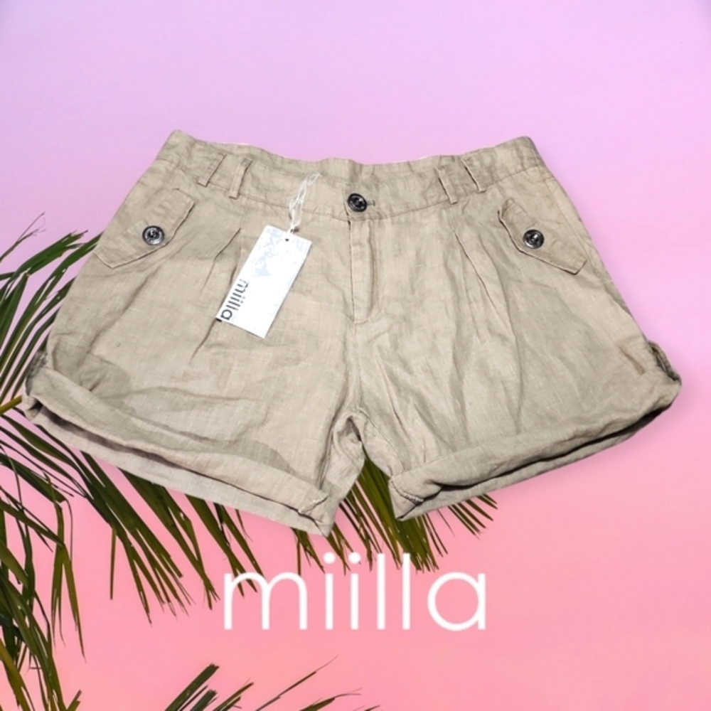 Miilla Womens Cuffed 100% Linen‎ Pleated Casual Shorts Taupe Beige M NEW